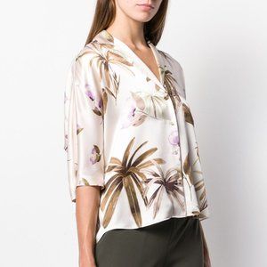 Vince Tropical Garden Silk Pajama Shirt in Pale Alder